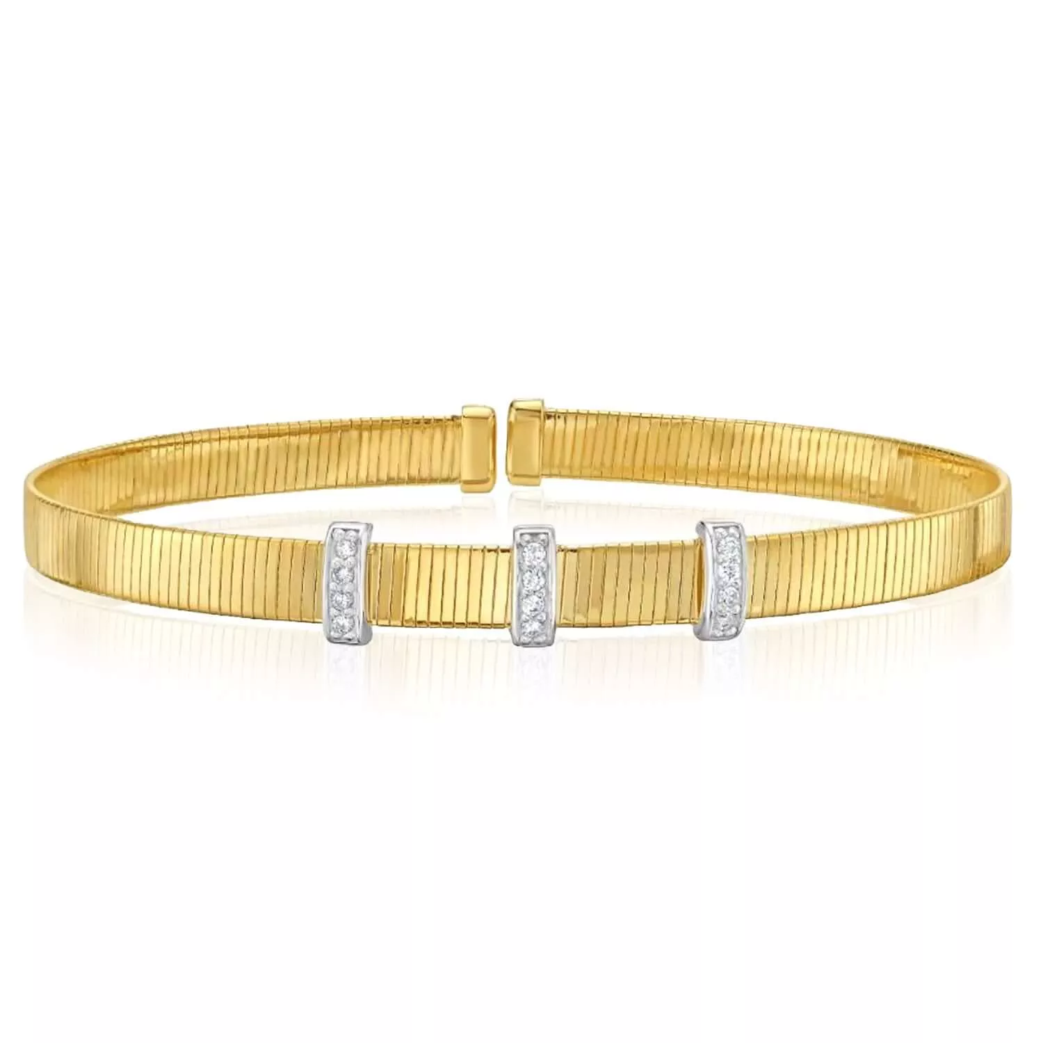 0.11CTW Natural Diamond 14K Two-Tone Gold 6.5mm Station Bar Omega Cuff Bracelet (Solid Links)