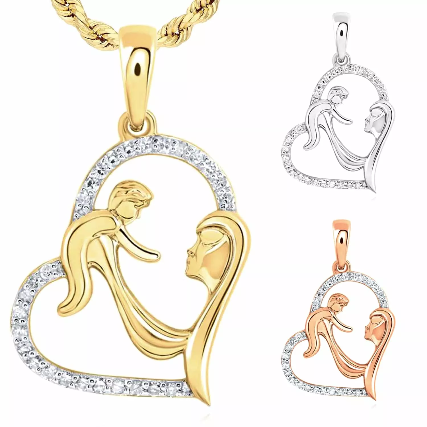 0.14CTW Natural Diamond 10K Gold Mother Child Open Heart Pendant 0.7"
