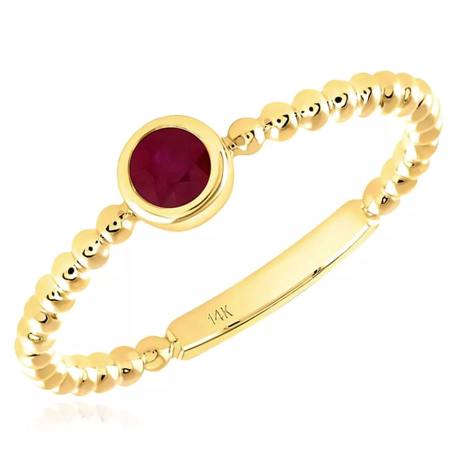 0.15CT Natural Red Ruby Real 14K Gold Beaded Round-Cut Stackable Band Ring