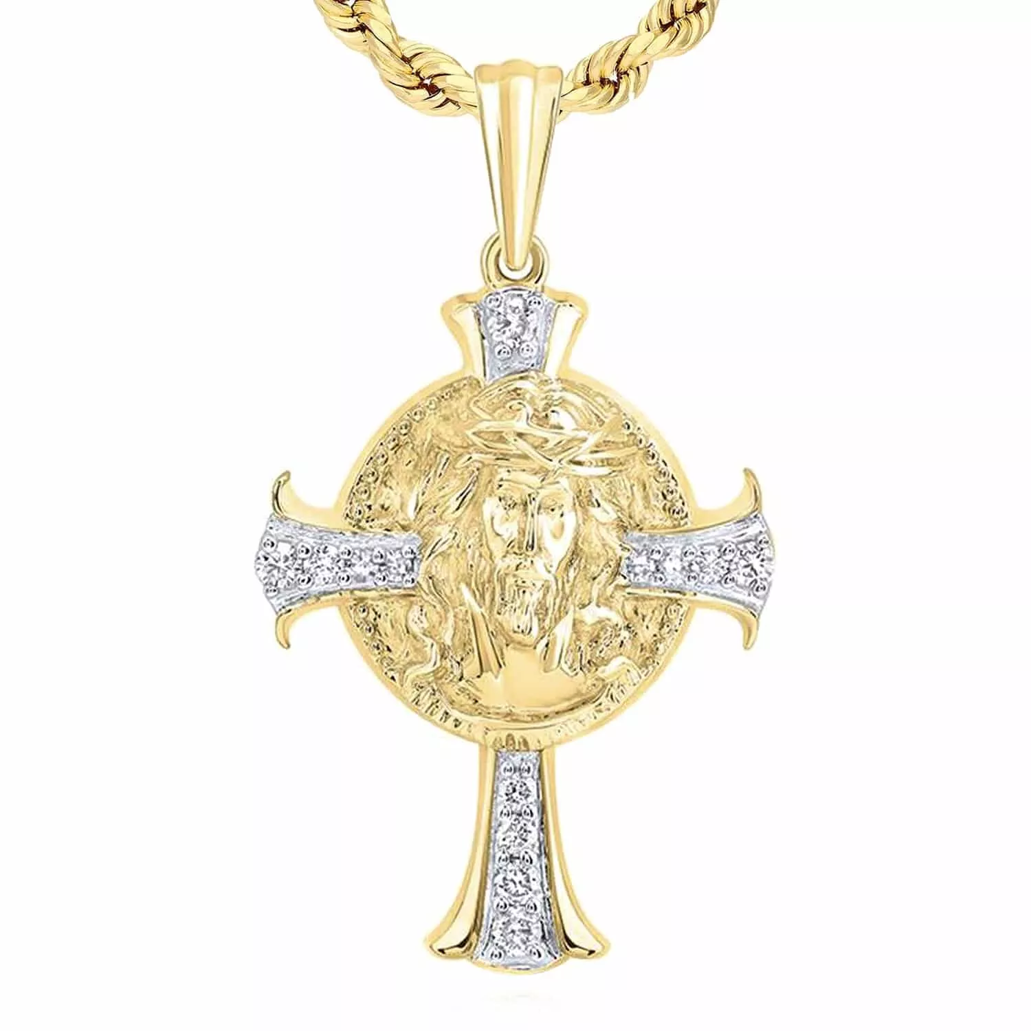 0.16CTW Natural Diamond 10K Yellow Gold Jesus Face Cross Pendant 1.4"