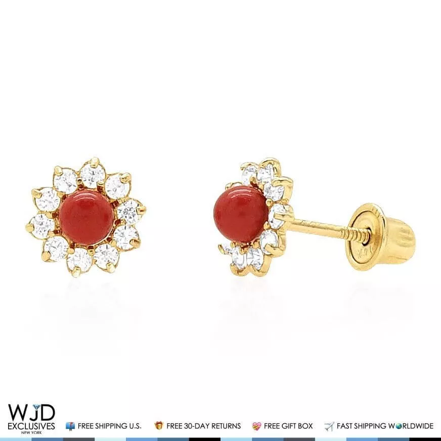 0.30CTW CZ Coral 14K Yellow Gold Flower Stud Earrings 6mm