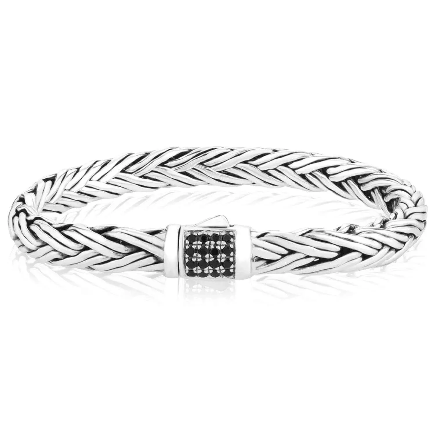 0.43CTW Real Black Sapphires Sterling Silver 7mm Woven Bracelet (Solid Links) 7.5" 8.25"