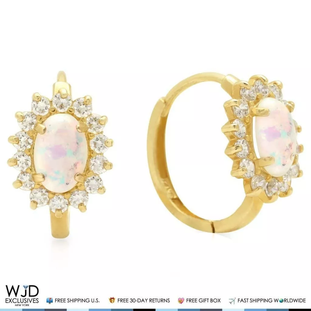 0.70CTW CZ 14K Yellow Gold Oval Fire Opal Huggie Hoop Earrings
