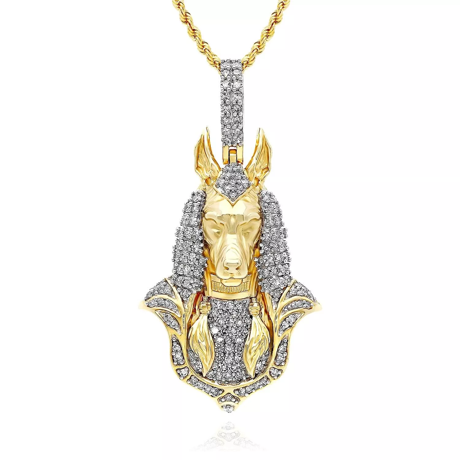 0.75CTW Natural Diamond 10K Yellow Gold Egyptian Anubis Pendant 1.6"