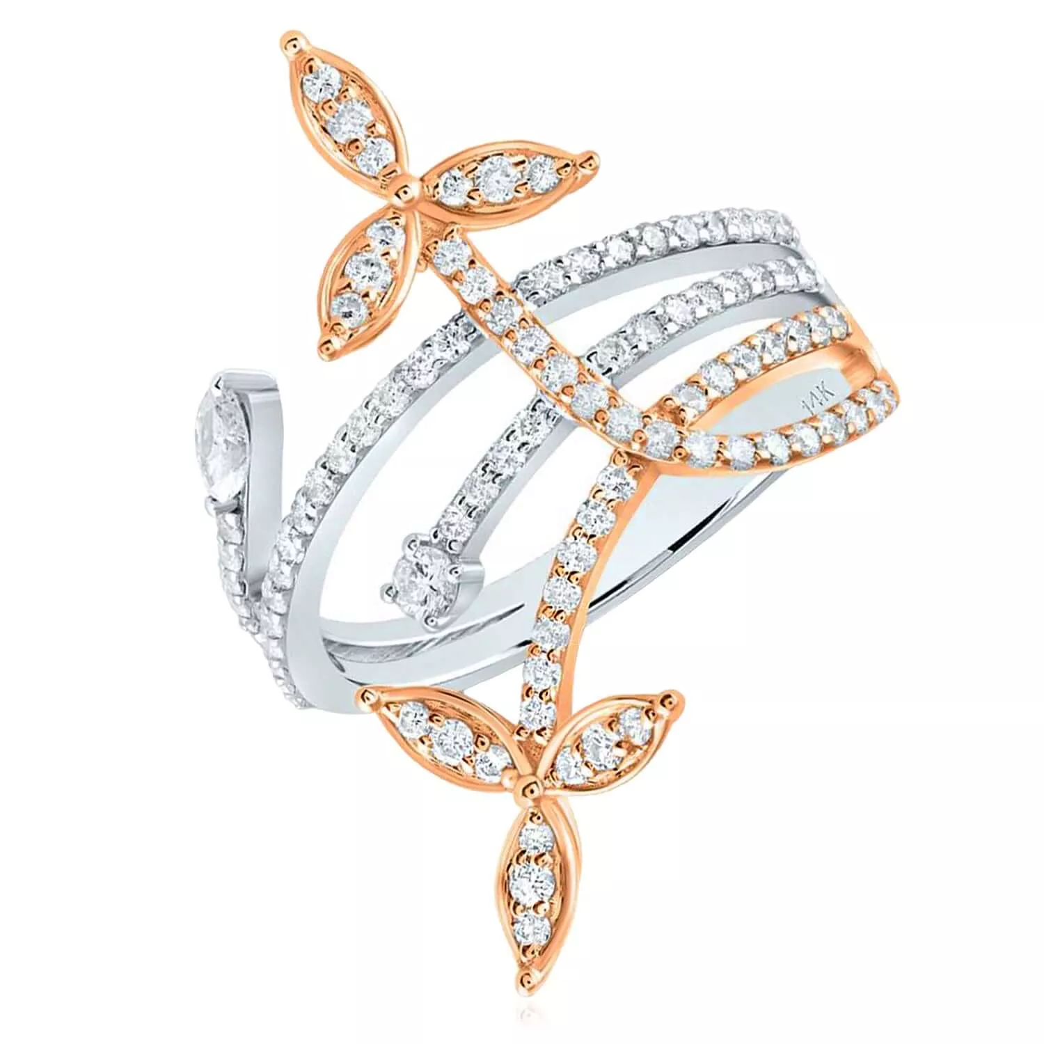 0.75CTW Natural Diamond 14K Rose White Gold Floral Vine Cocktail Ring