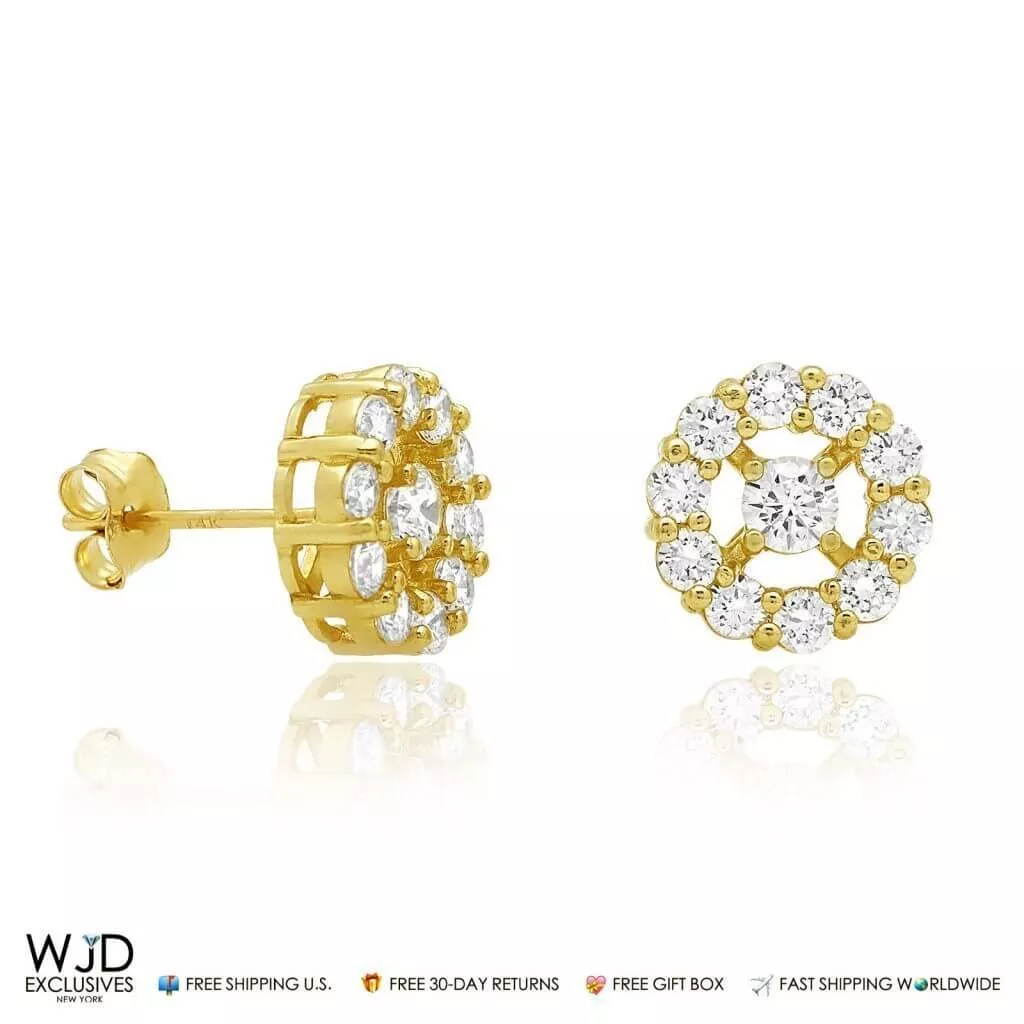 1.25Ct CZ 14K Yellow Gold Halo Cluster Stud Earrings