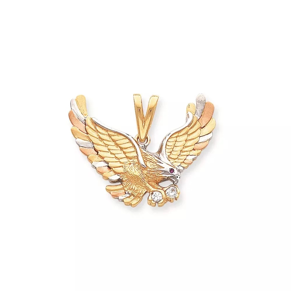 1.5 Inch WIDTH 14k Tri-Color Gold & Rhodium Solid Satin Eagle Pendant--NO STONE