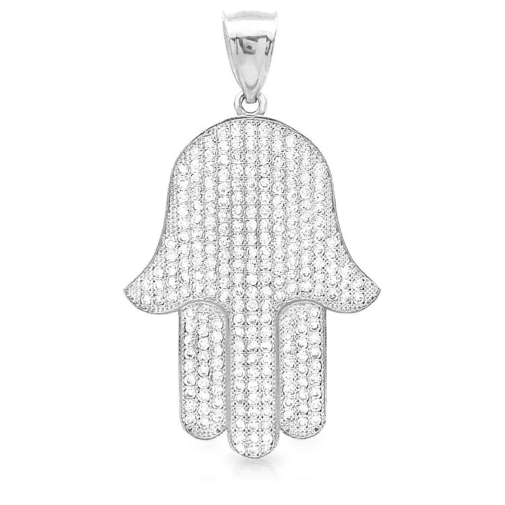 1.5Ct CZ Hamsa Hand Of Fatima Pendant 14K White Gold