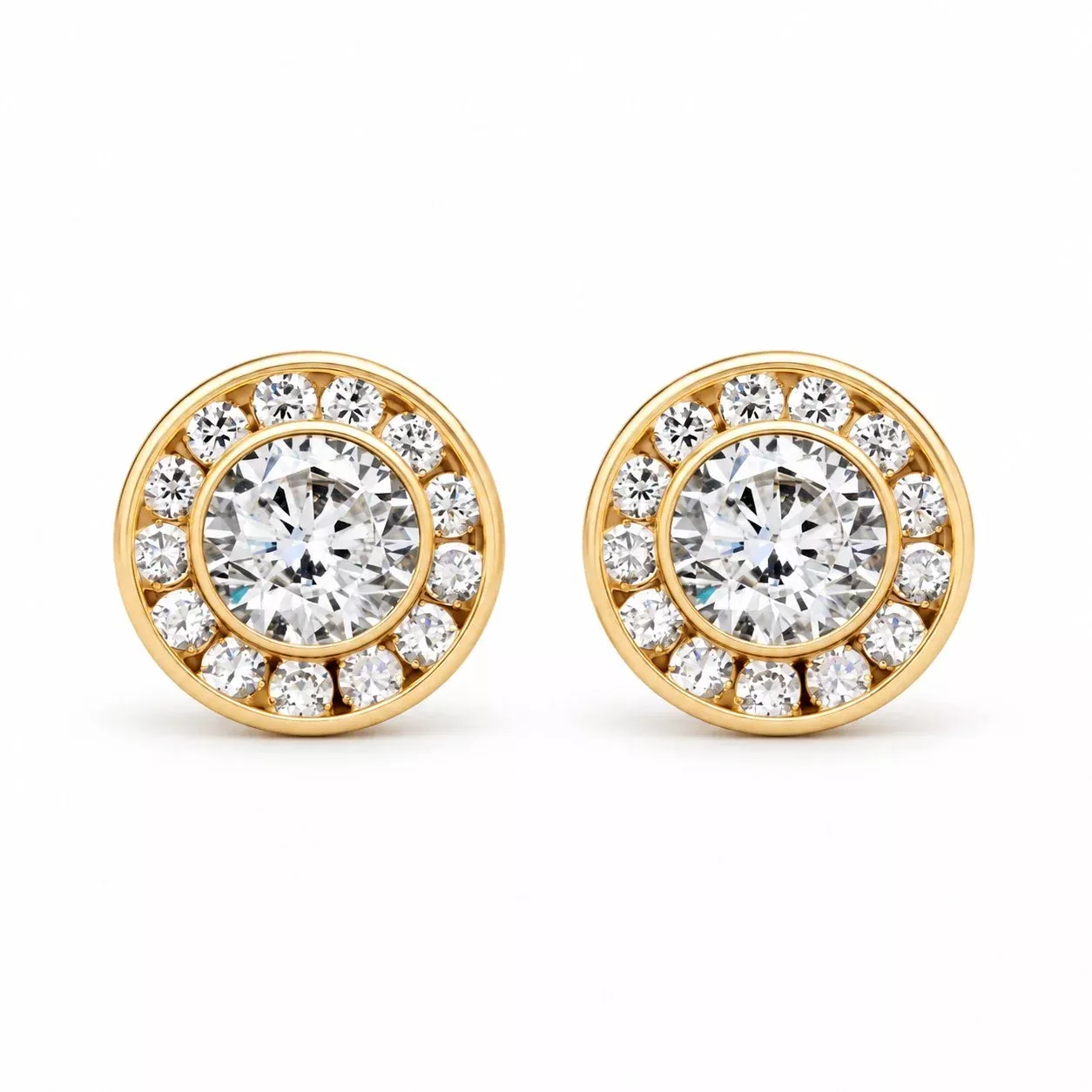 1.5CTW CZ 14K Yellow Gold Round Bezel Halo Cluster Stud Earrings