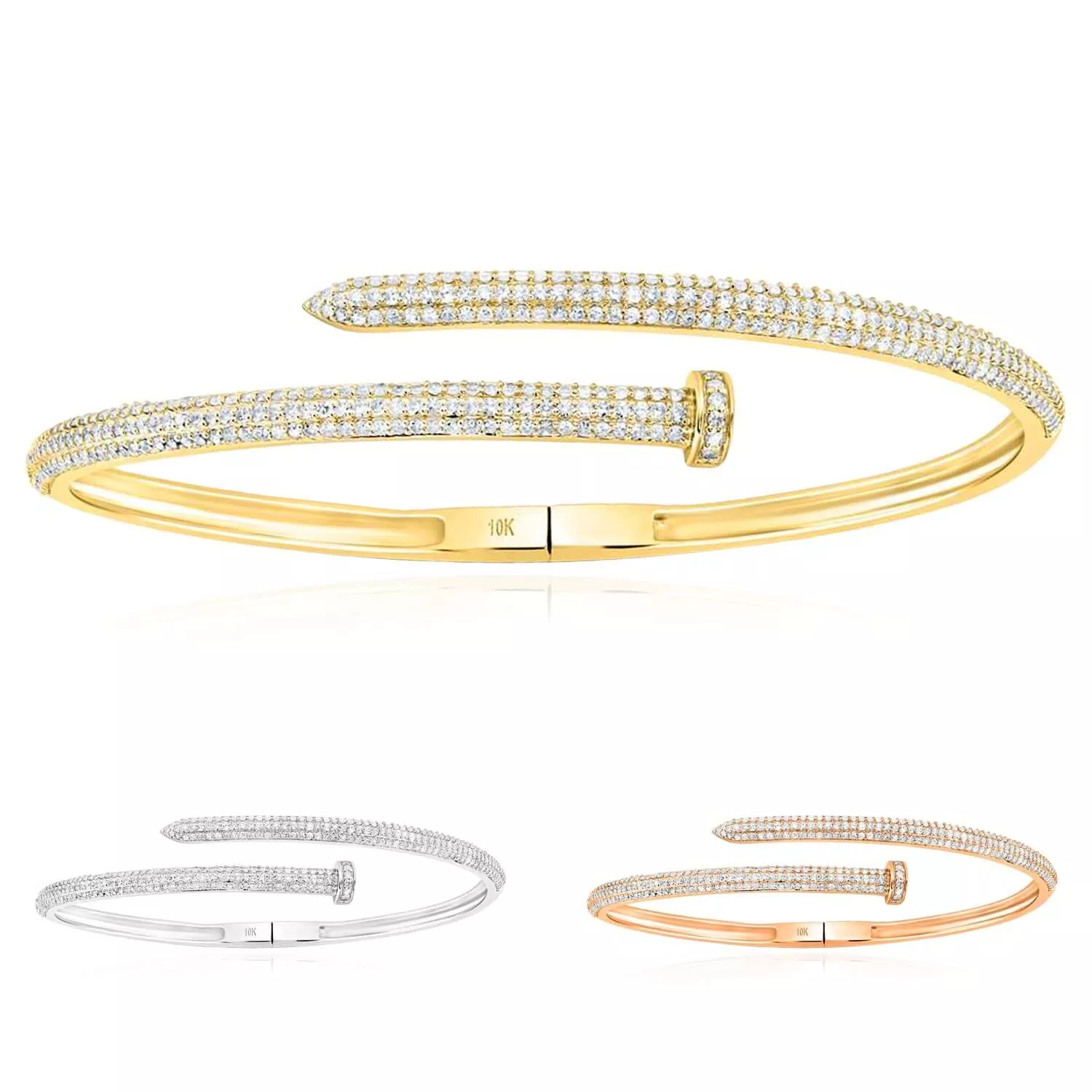 1.60CTW Natural Diamond 10K Yellow White Rose Gold 3.3mm Nail Bangle Bracelet