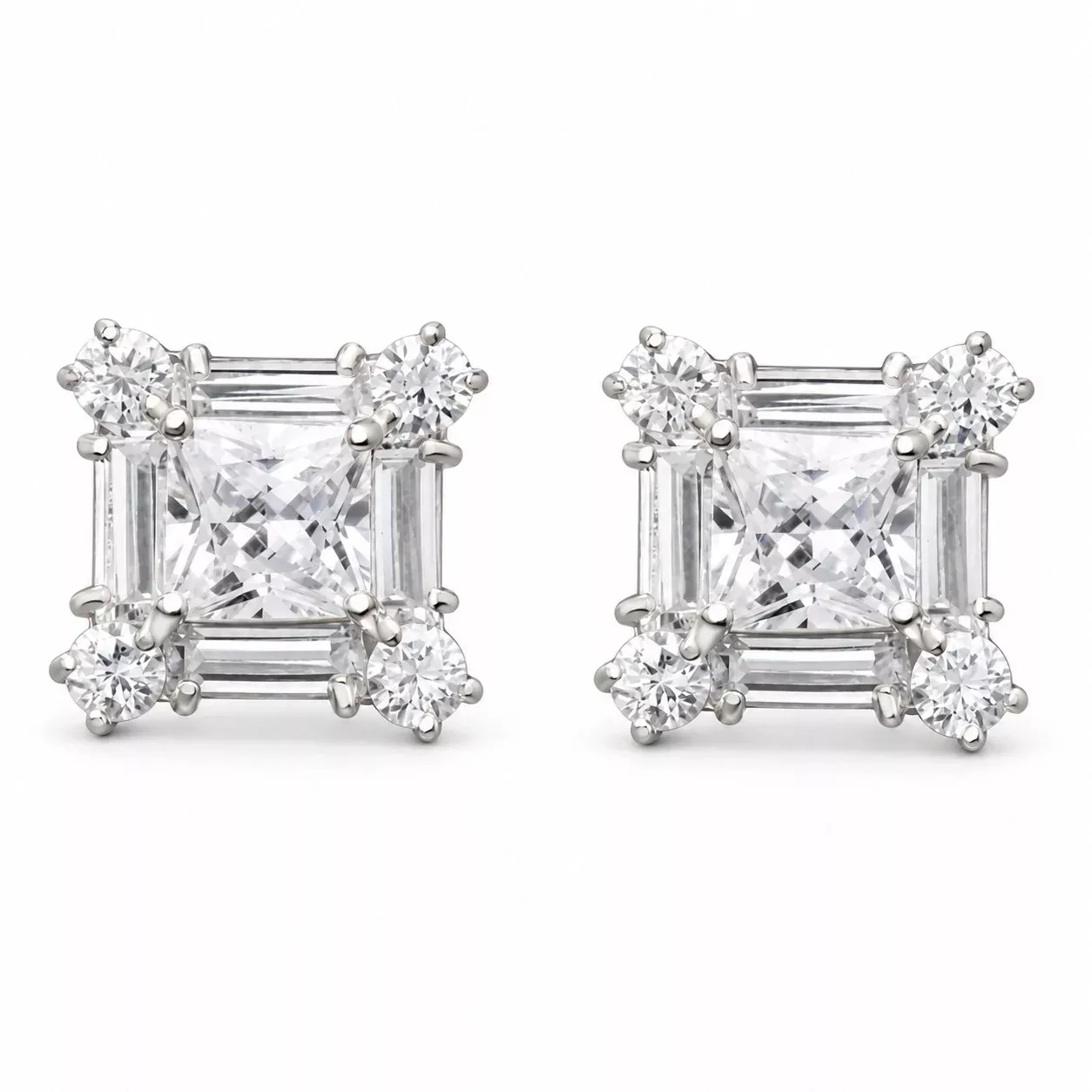 1.75Ct CZ 14K White Gold Cluster Stud Butterfly Back Square Earrings