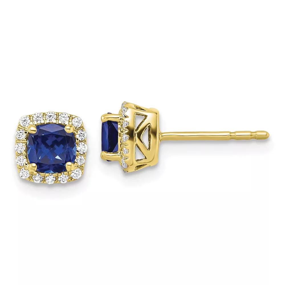 10k 1/10 carat Lab Grown Diamond VS/SI+ G+ and Created Sapphire Complete Square Halo Post Earrings