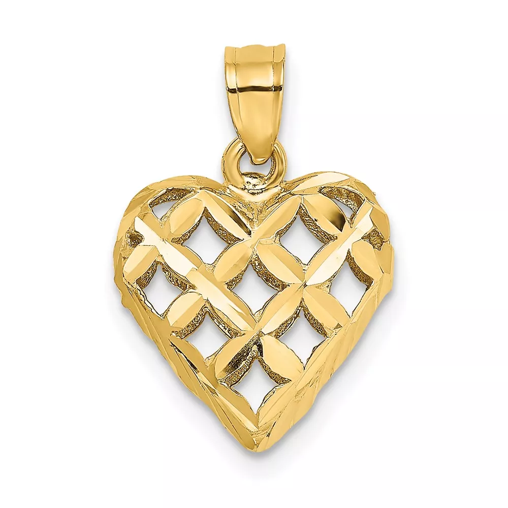 10K 3-D Diamond-cut Filigree Puffed Heart Charm