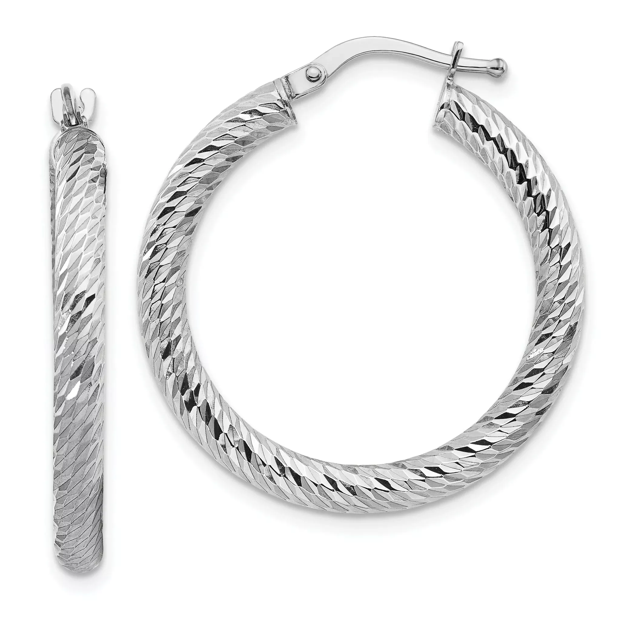 10k 3x20 White Gold Diamond-cut Round Hoop Earrings
