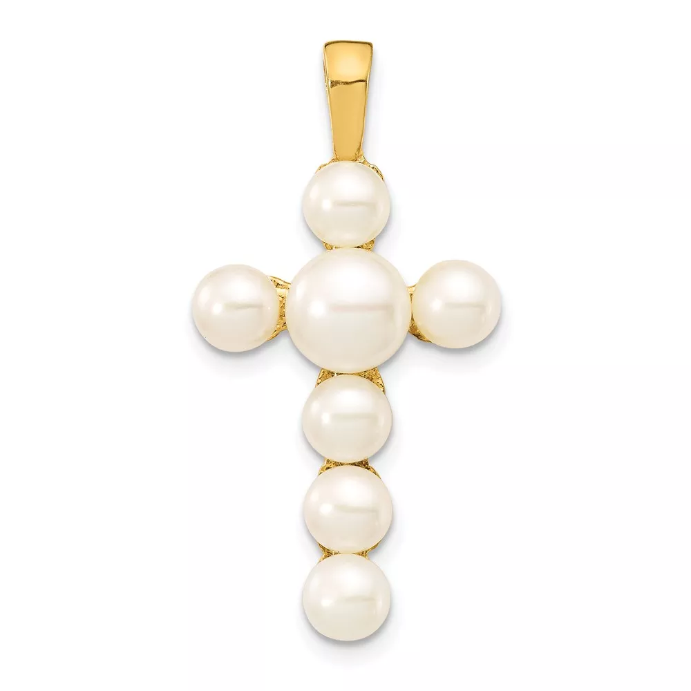 10K 4-6mm White Button Freshwater Cultured Pearl Cross Pendant