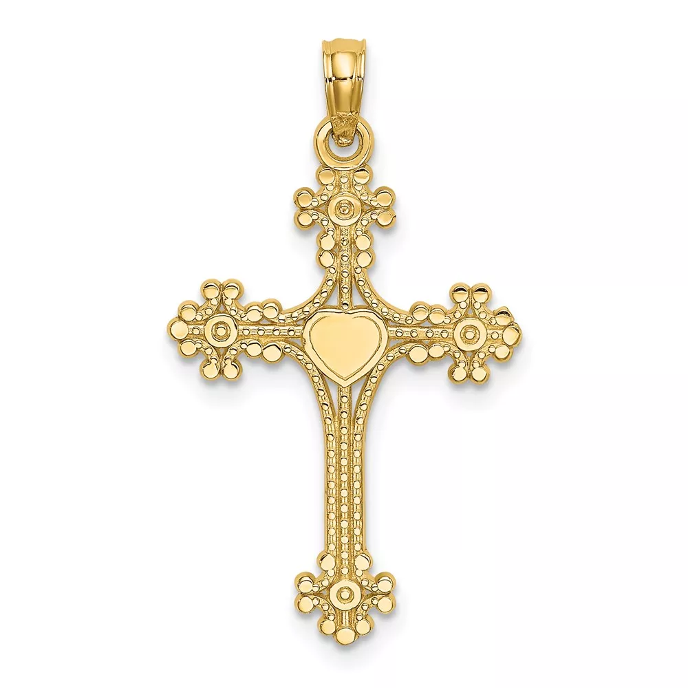 10K Beaded Tip Cross w/ Heart Center Charm