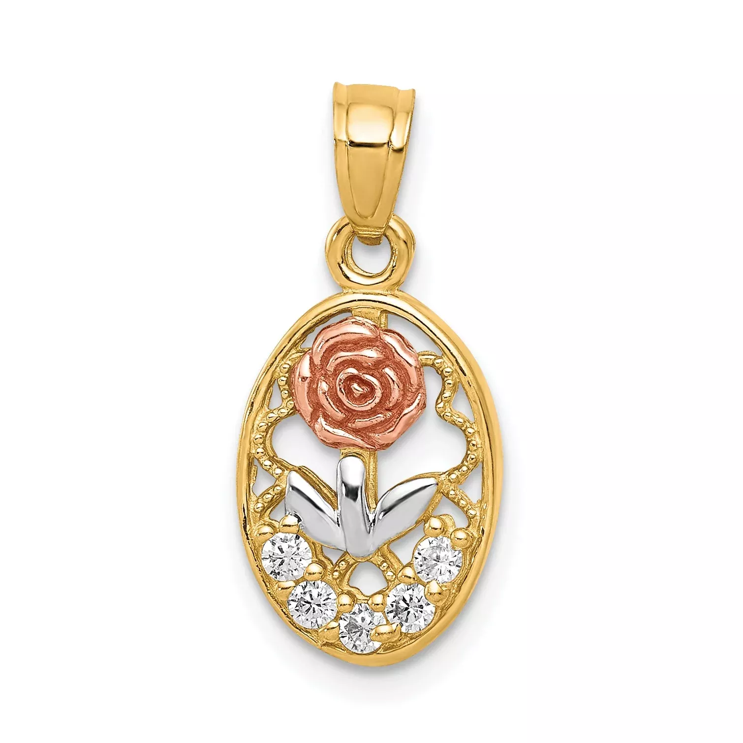 10K Two-Tone W/White Rhodium Cz Rose Charm