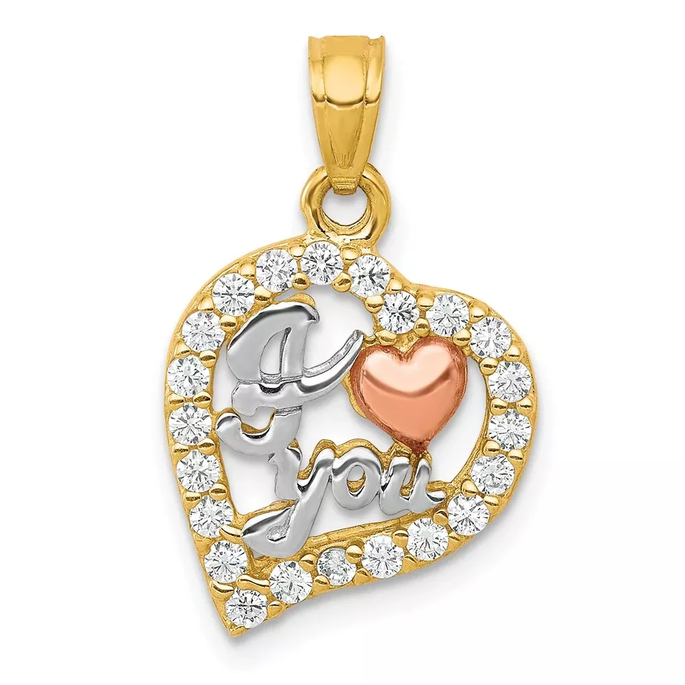 10K Two-Tone W/White Rhodium I Love You Cz Heart Pendant