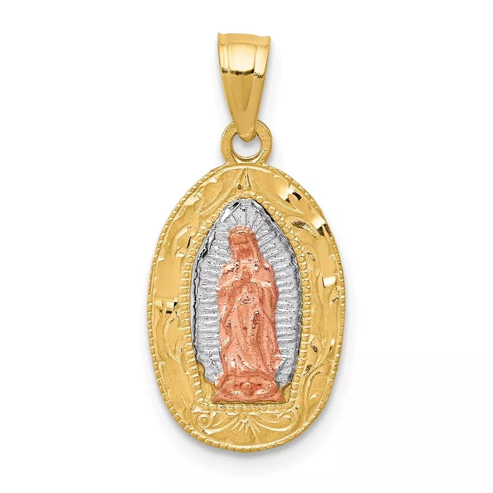 10k Two-tone White Rhodium Lady Of Guadalupe Oval Pendant