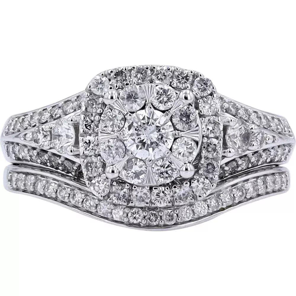 10K White Gold 1.00 Carat Diamond Cluster Bridal Set