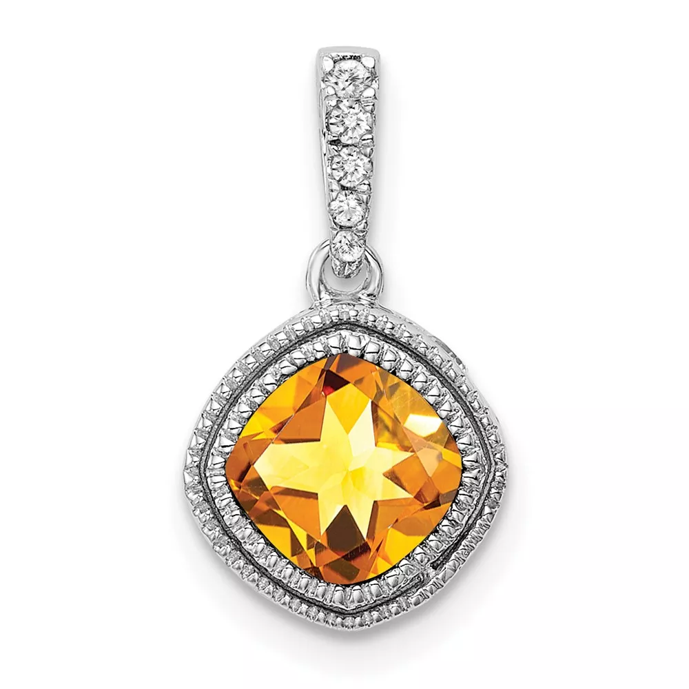 10k White Gold Cushion Citrine and Diamond Pendant