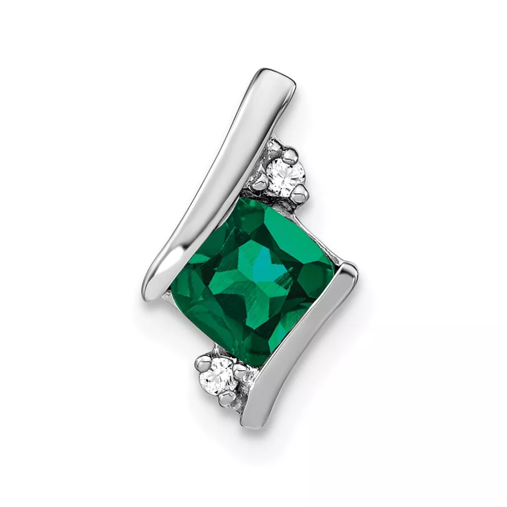 10k White Gold Cushion Cr. Emerald and Diamond Chain Slide