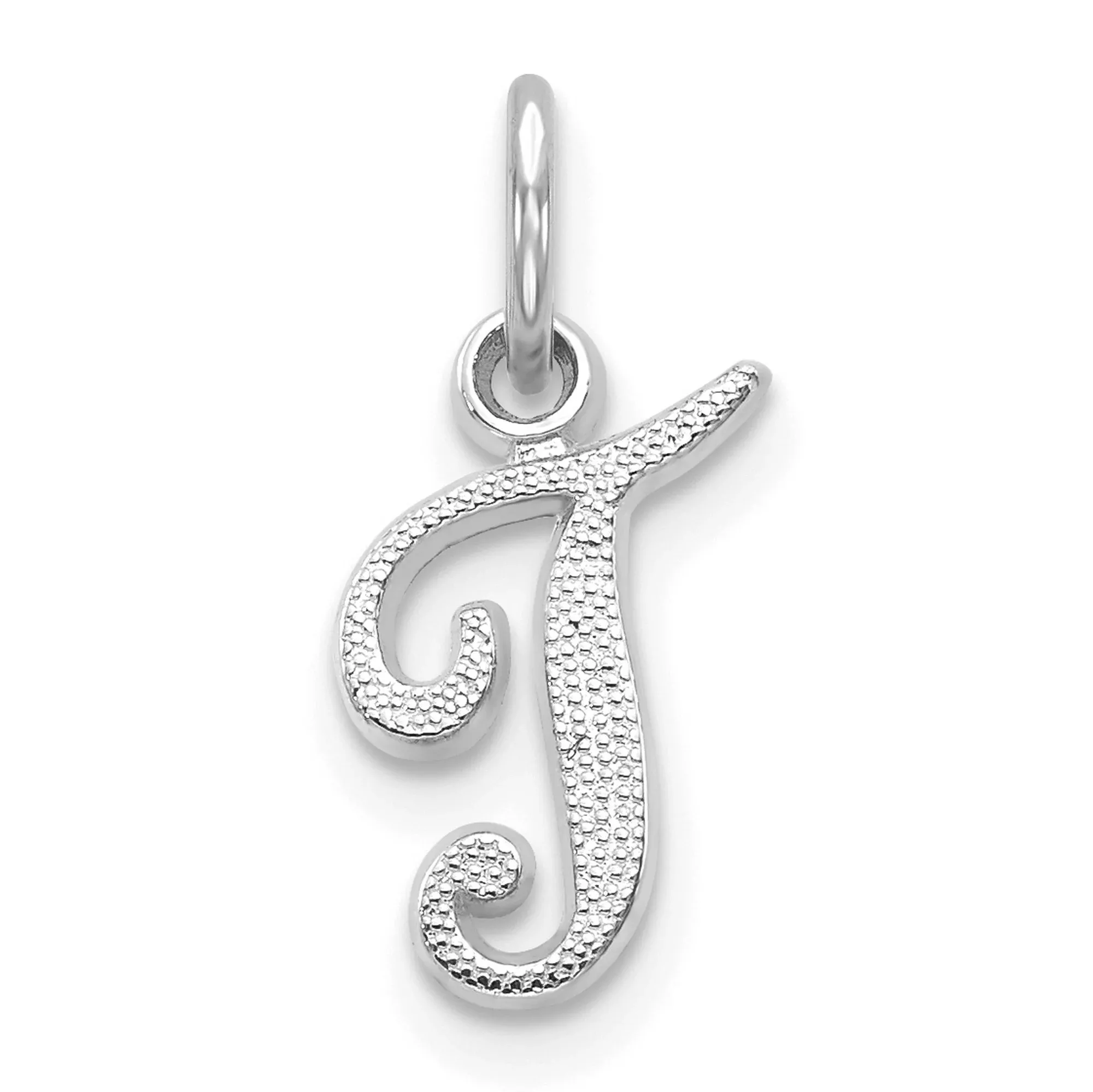10k White Gold Initial J Pendant, Script Letter Charm with Textured Design