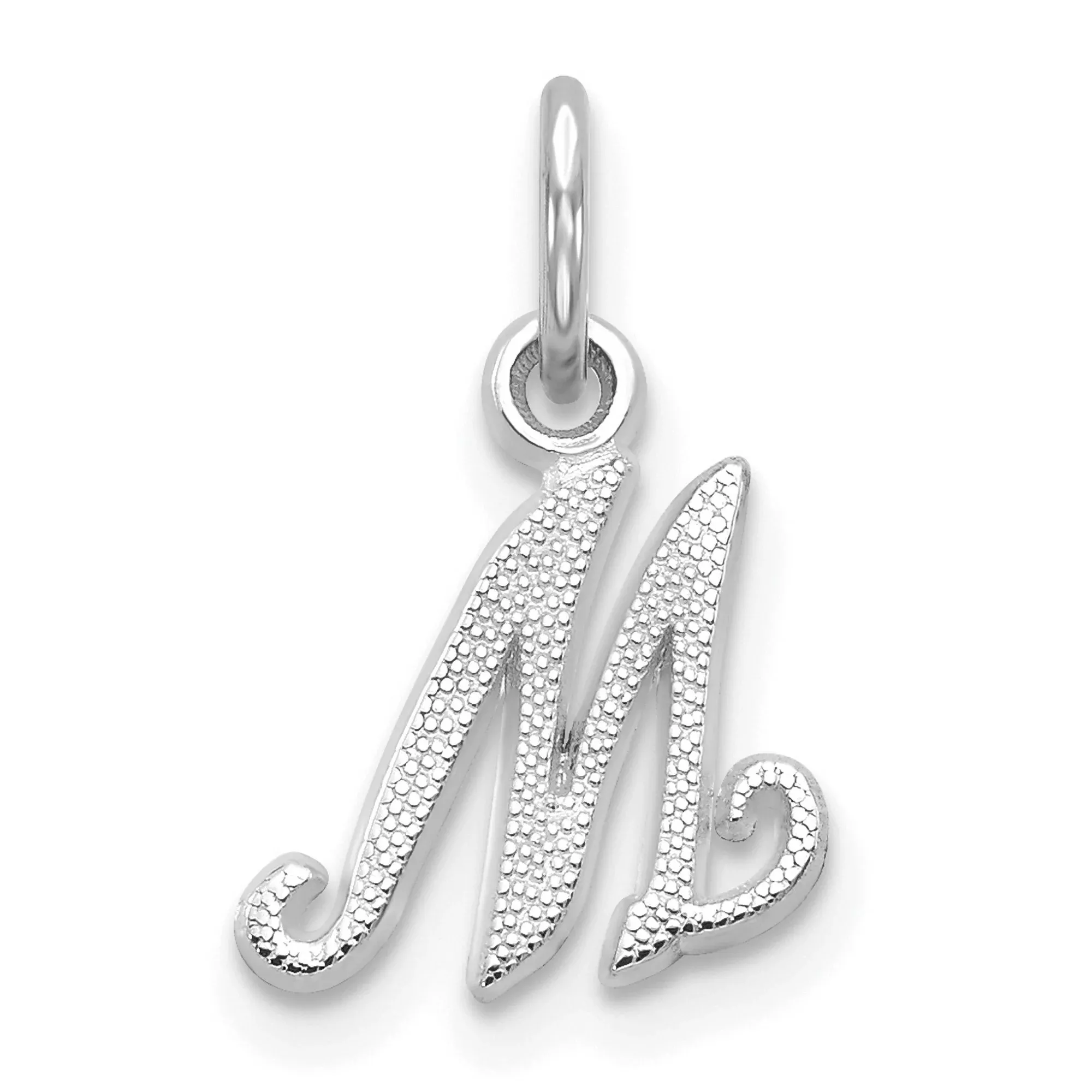 10k White Gold Initial M Pendant, Textured Script Letter Charm for Women