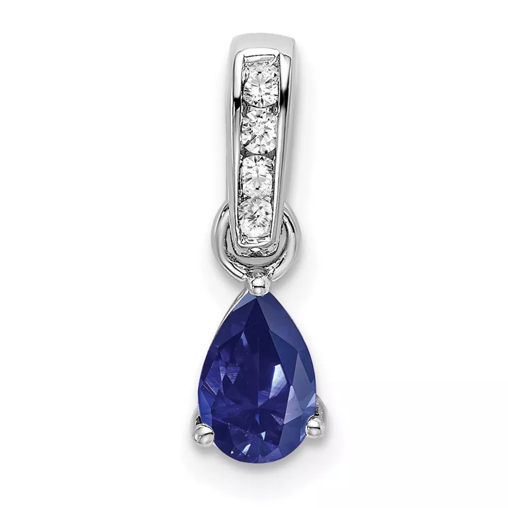 10k White Gold Pear Created Sapphire and Diamond Pendant