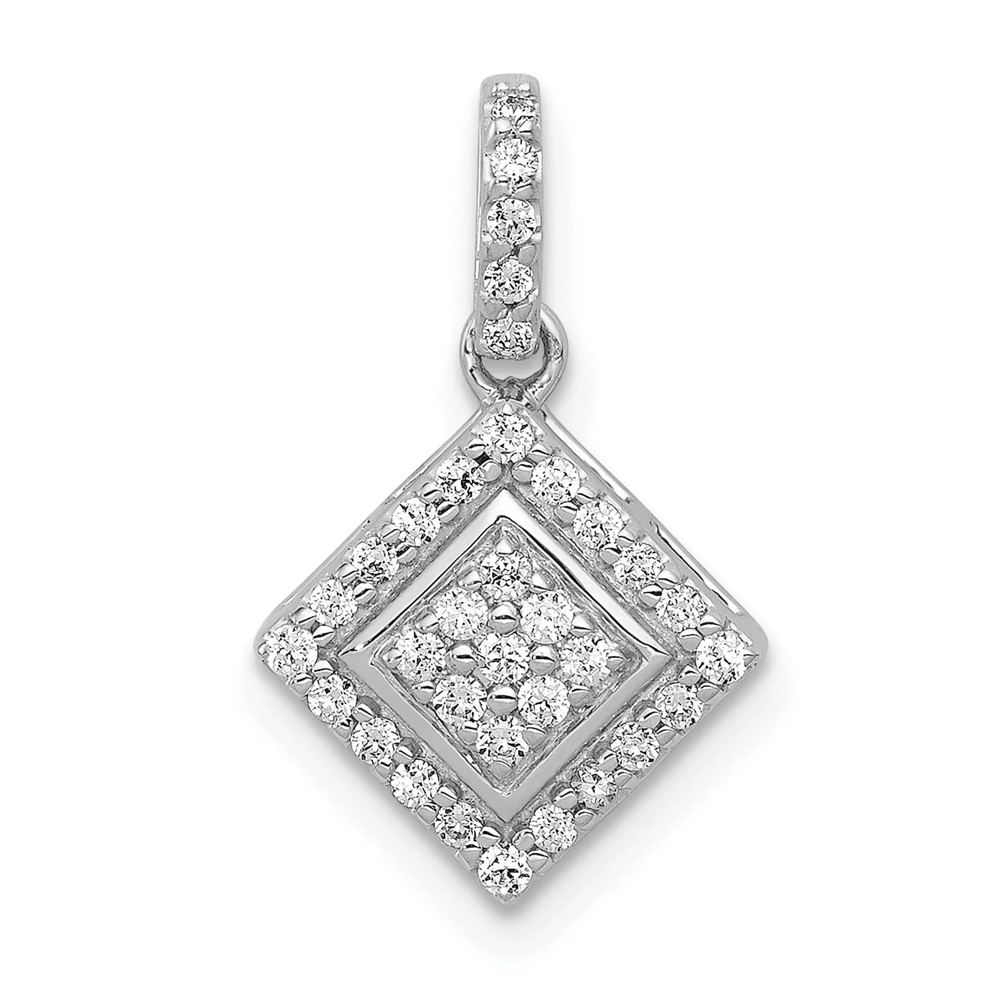 10k White Gold Pendant with Double Rhombus Design and Round Pave Diamonds