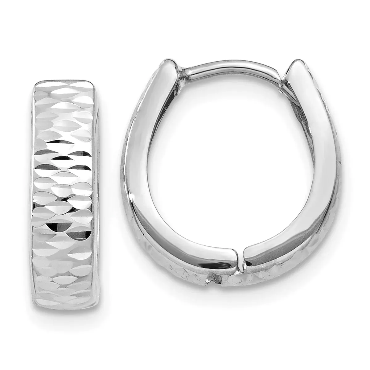 10k White Gold Textured and Polished Hinged Hoop Earrings