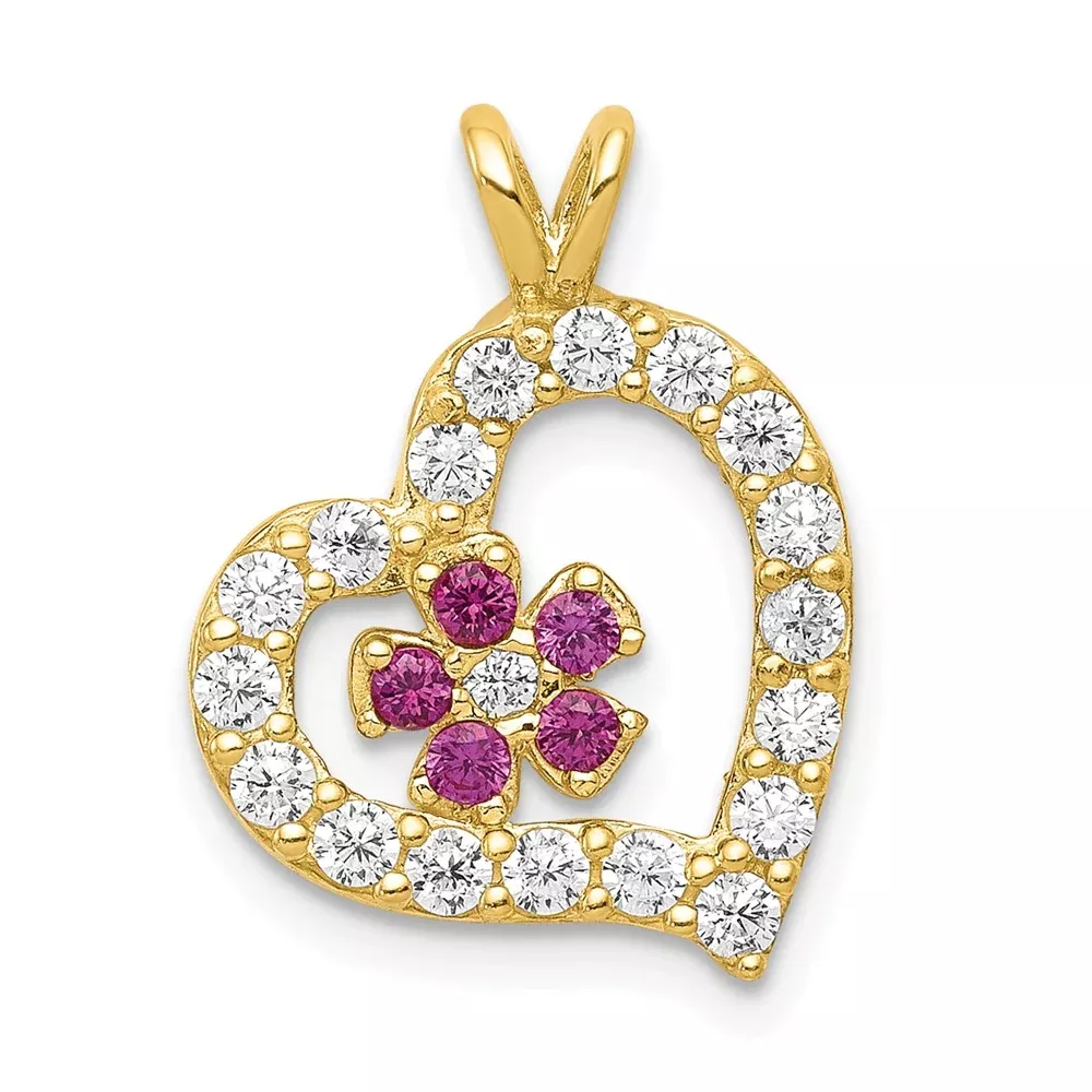10K Yellow Gold Cz Heart & Flower Pendant