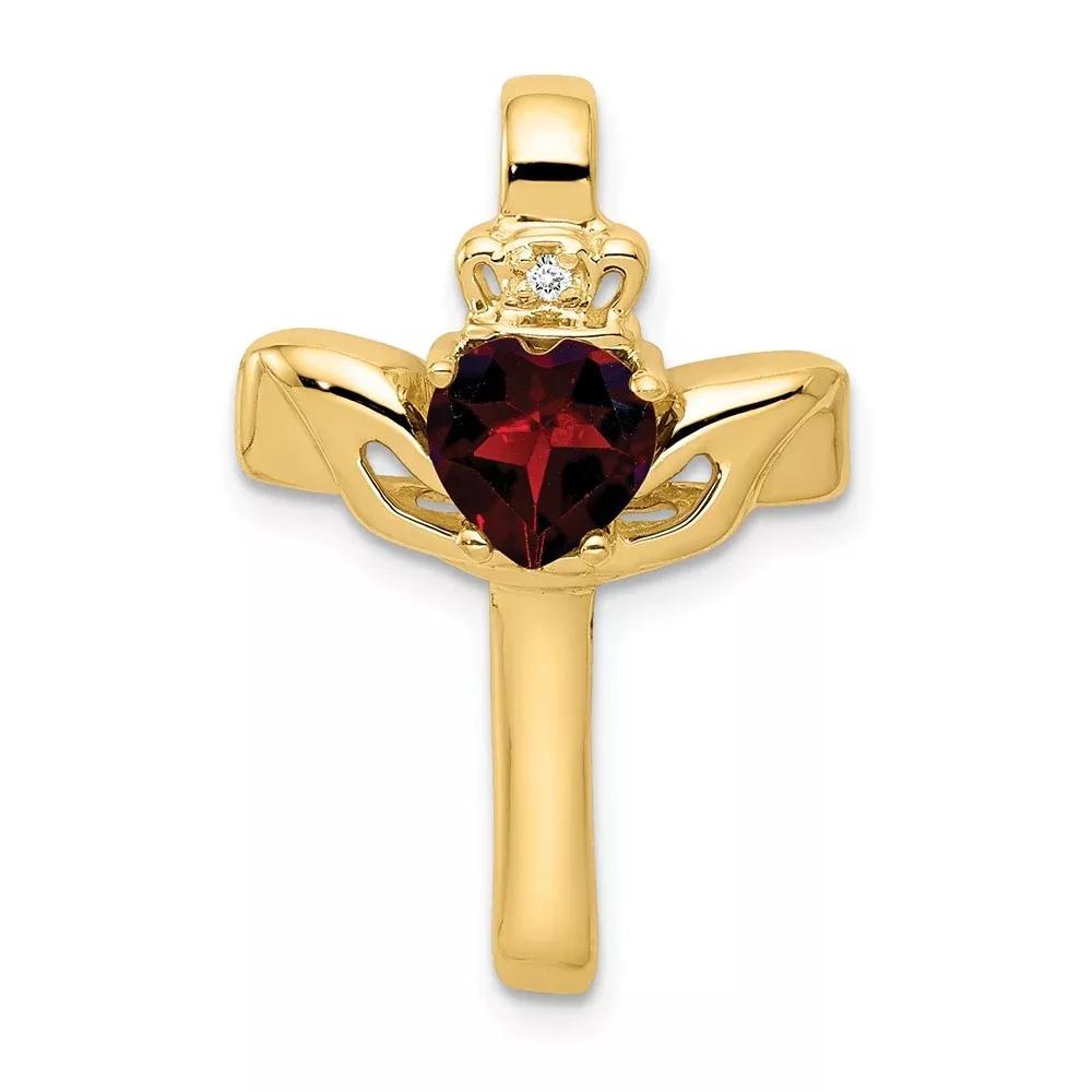 10K Yellow Gold Garnet & Aa Diamond Claddagh Cross Pendant