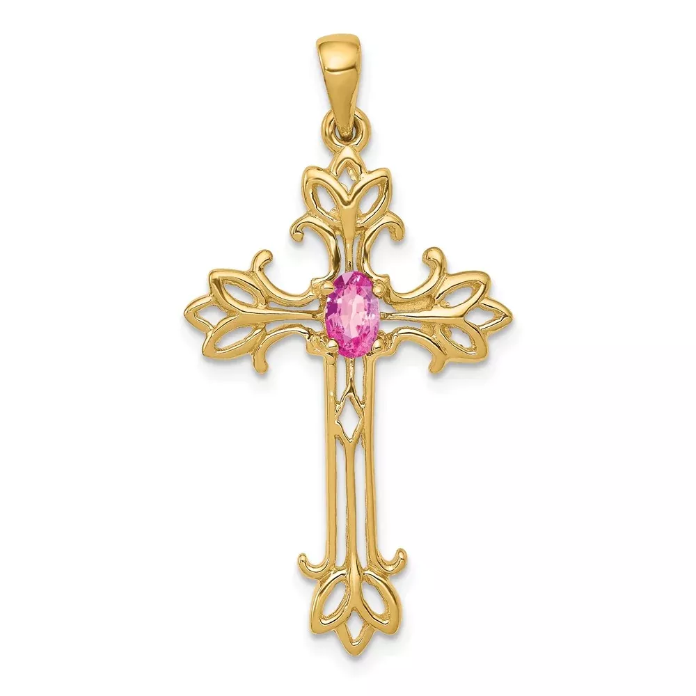 14k 5x3mm Oval Pink Sapphire cross Pendant