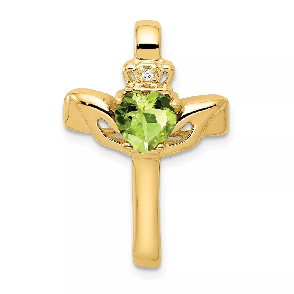 14k 6mm Claddagh Peridot Natural Diamond Cross Slide