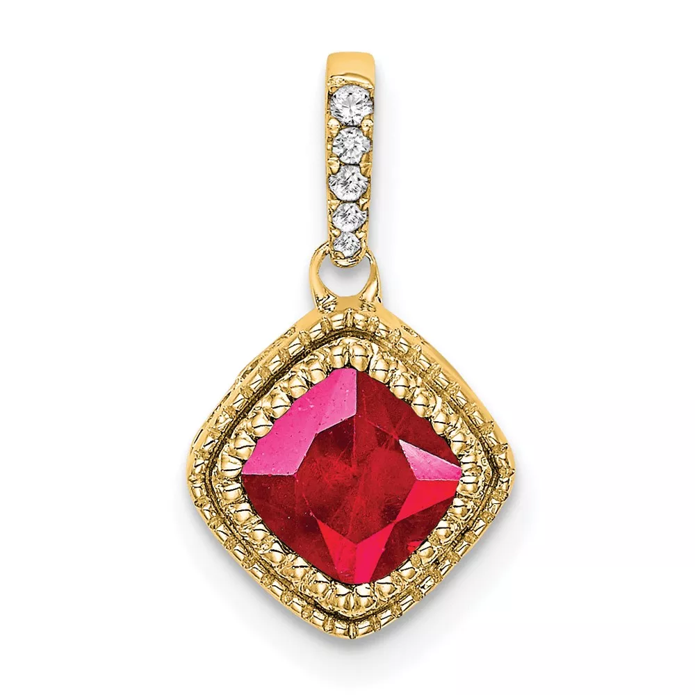 14k Cushion Ruby and Diamond Pendant with Side Diamond Detail