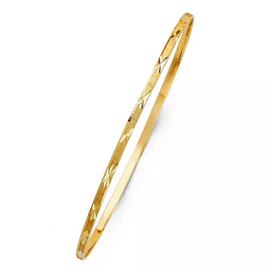 14k Gold 2mm Wide Engraved Star Pattern Slip-on Solid Bangle 7.5 Inches