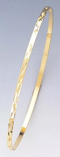 14k Gold 2mm Wide Engraved X Pattern Slip-on Solid Bangle 7.5 Inches