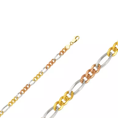 14k Gold 3.1mm Tri-color Figaro Chain 30 Inches