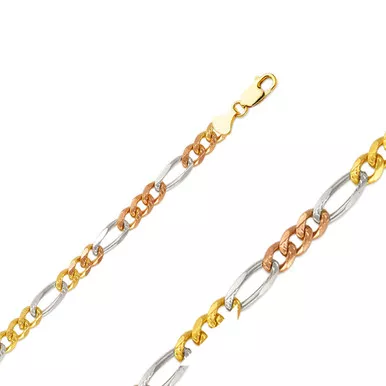 14k Gold 4.6mm Tri-color Figaro Chain 24 Inches