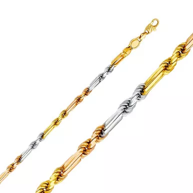 14k Gold 4mm Tri-color Milano Rope Bracelet 7 Inches