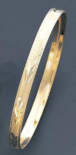 14k Gold 6mm Wide Engraved Wheat Pattern Slip-on Solid Bangle 7.5"