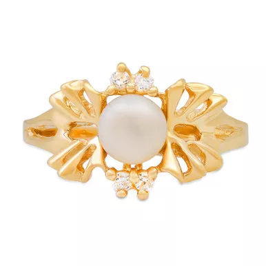 14k Gold Ladies 6mm With Cultured Pearl Ring With 4 CZ Accents