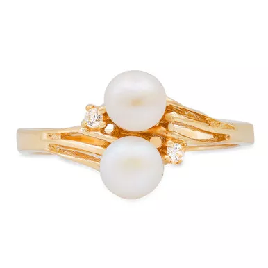 14k Gold Ladies Two 5mm White Cultured Pearl Ring With