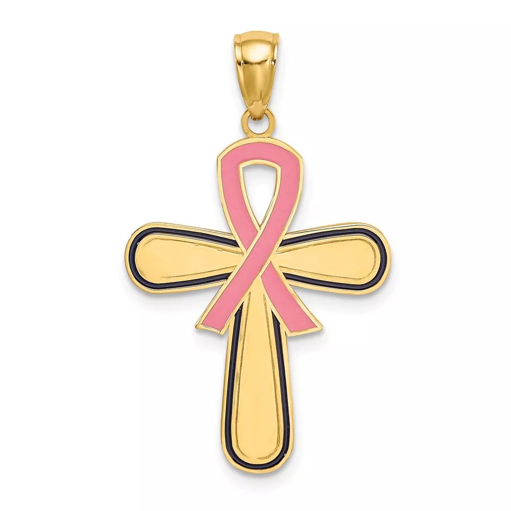 14K Pink Enameled Awareness Ribbon Cross Pendant