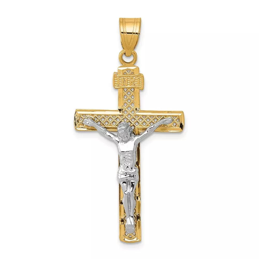 14k Two-tone Gold Diamond-cut Lattice Cross w /Crucifix Pendant
