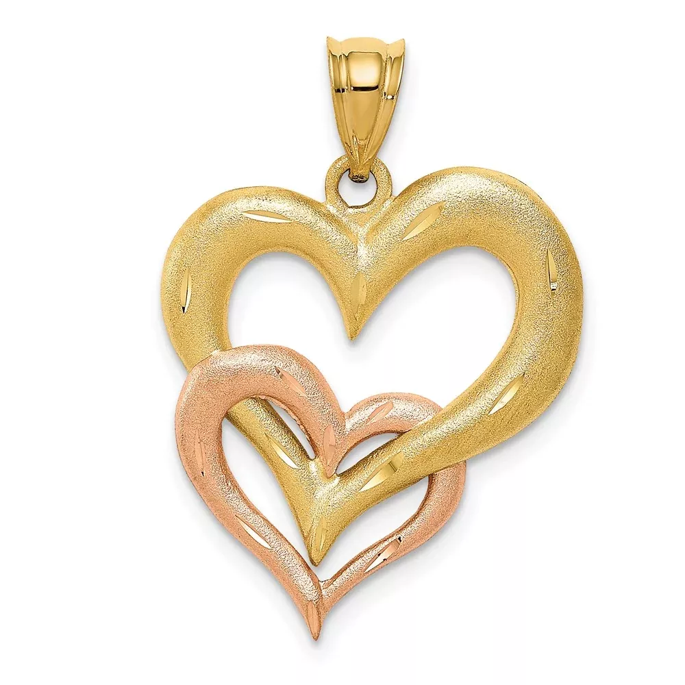 14k Two-tone Gold Satin D /C Double Heart Pendant
