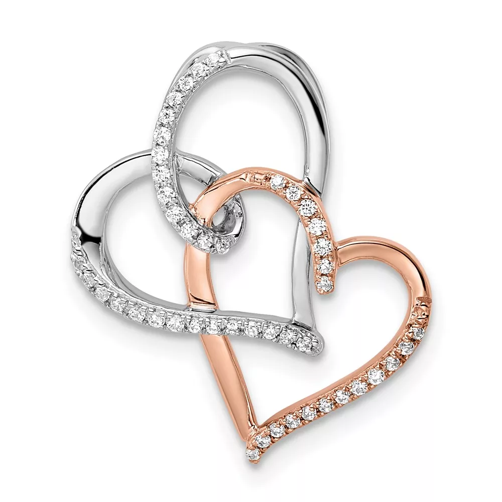 14k Two-tone White and Rose Entwined Double Heart Diamond Chain Slide