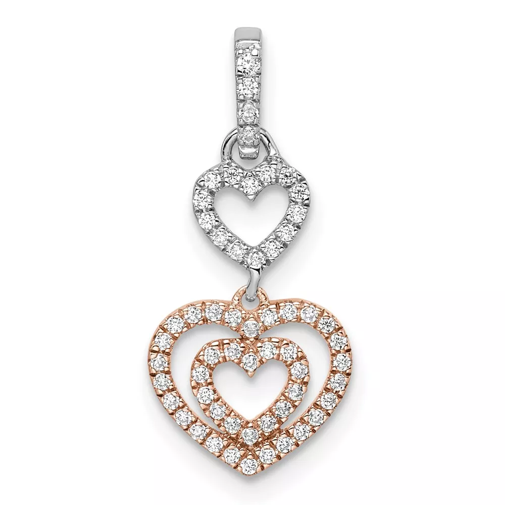 14k Two-tone White and Rose Hearts Dangle Diamond Pendant