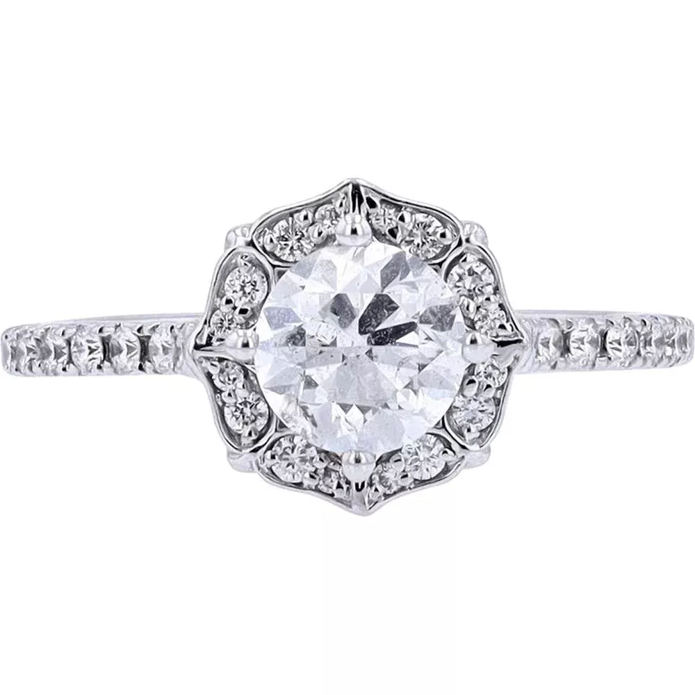 14K White Gold 1 Carat Round Center Halo Diamond Engagement Ring
